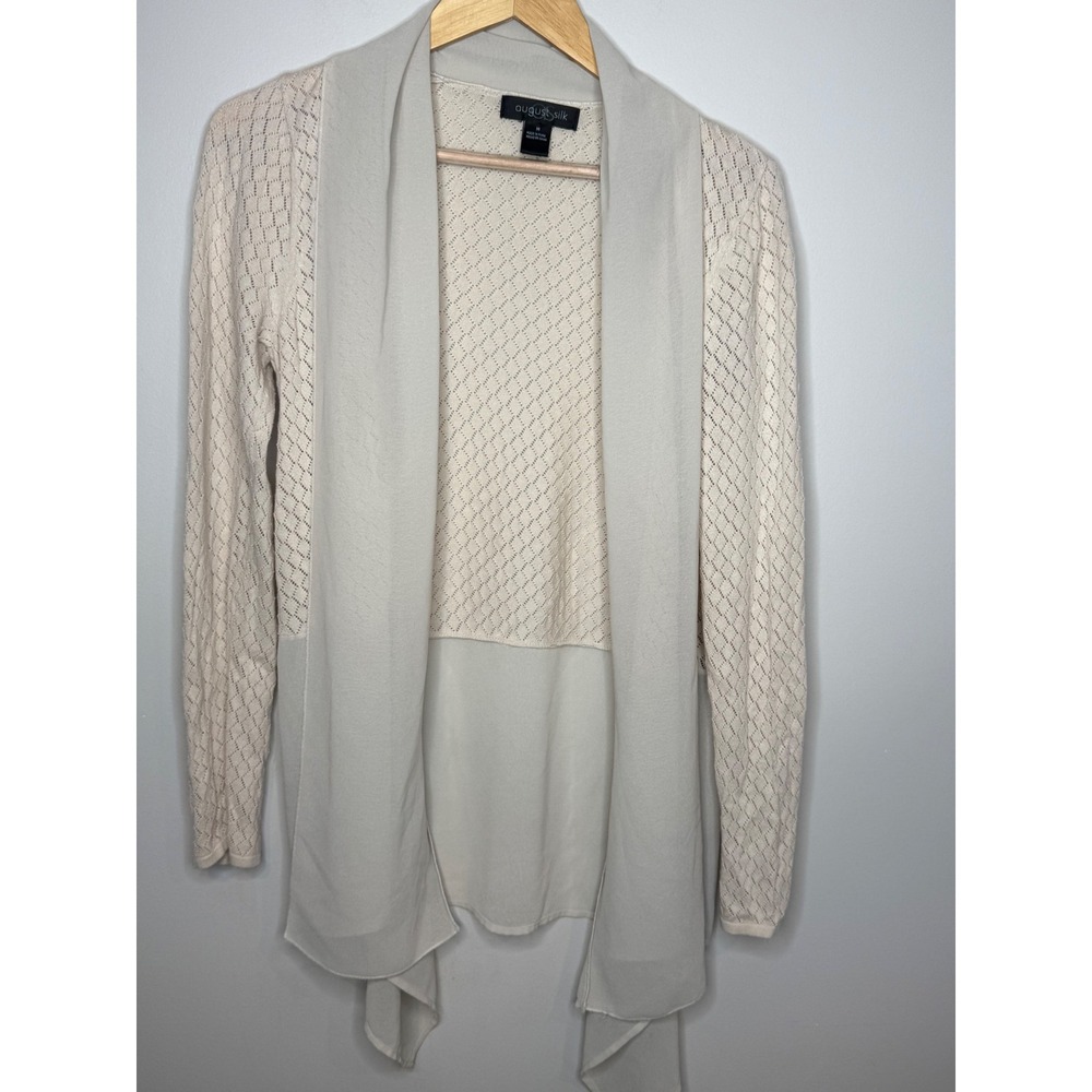 August Silk Cream Open Knit Cardigan M Lightweight Boho Draped Front Cream
